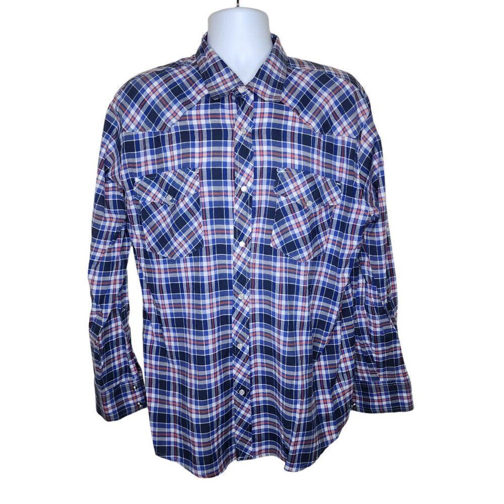 North Wood Long Sleeve Pearl Snap Plaid Shirt Mens Size XL Blue